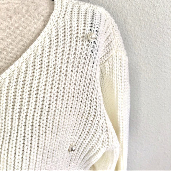 Pearl Beaded Twist Knot Tied Sweater Cream - Picture 3 of 6